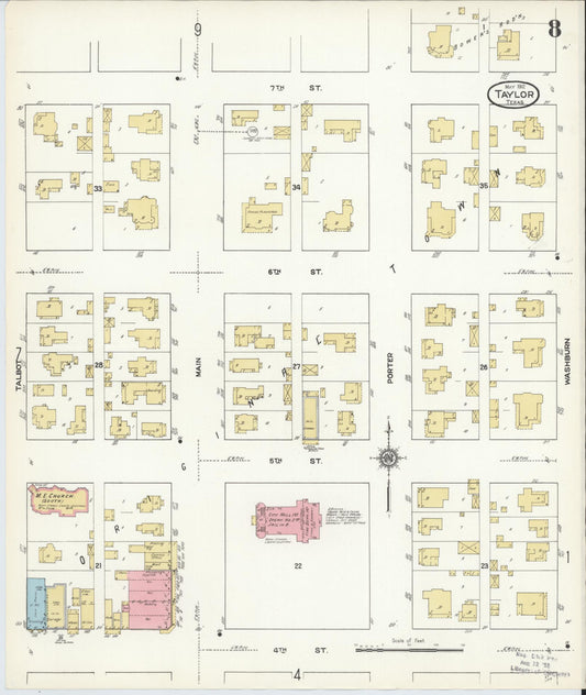 Sanborn Fire Insurance Map from Taylor, Williamson County, Texas (1912), Sheet #0008 - Historic Sanborn Fire Insurance Map Print, vintage old map wall art, antique decor, genealogy gift, Texas Texas map