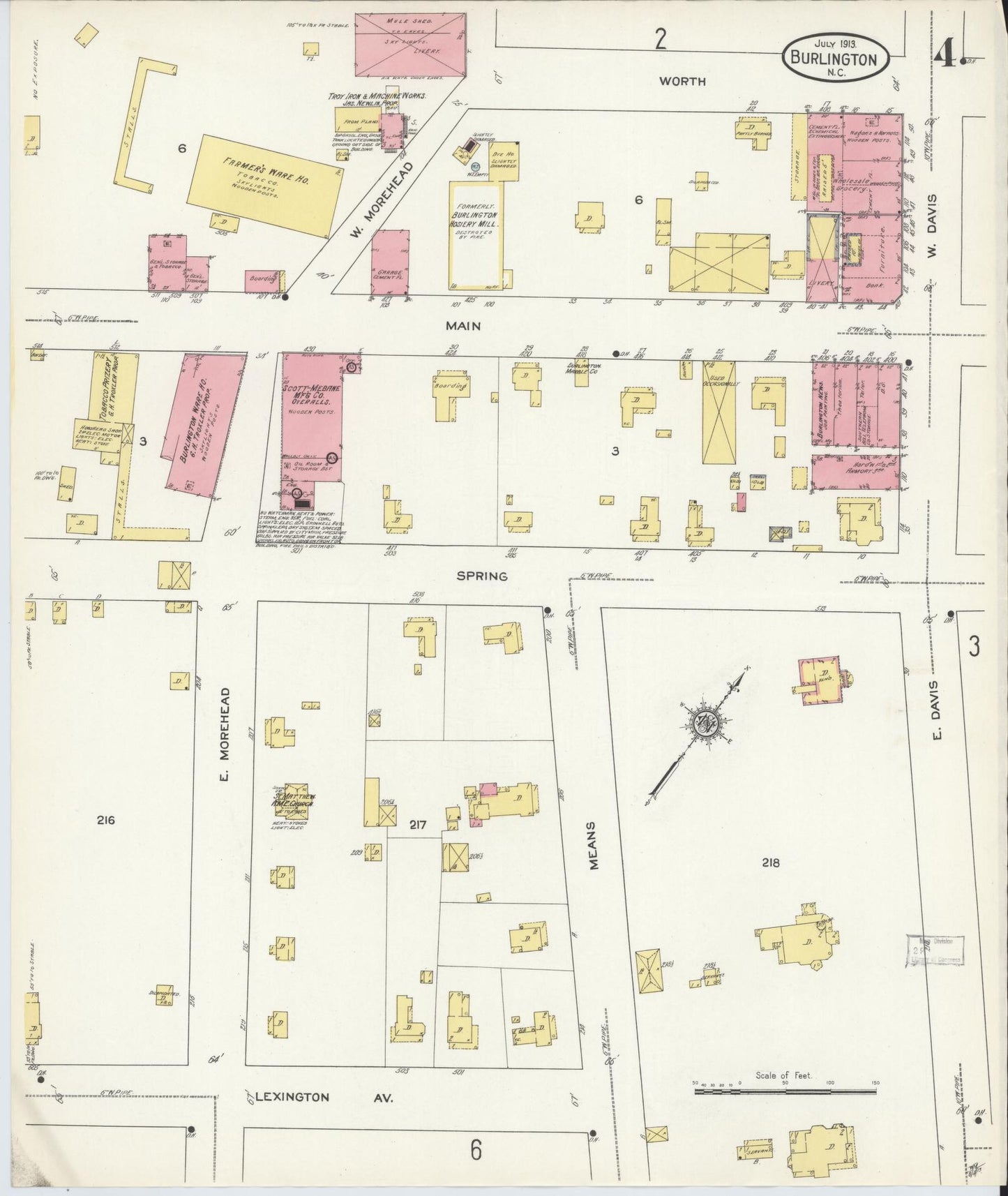 Sanborn Fire Insurance Map from Burlington, Alamance County, North Carolina (1913), Sheet #0004 - Historic Sanborn Fire Insurance Map Print, vintage old map wall art, antique decor, genealogy gift, North Carolina North Carolina map