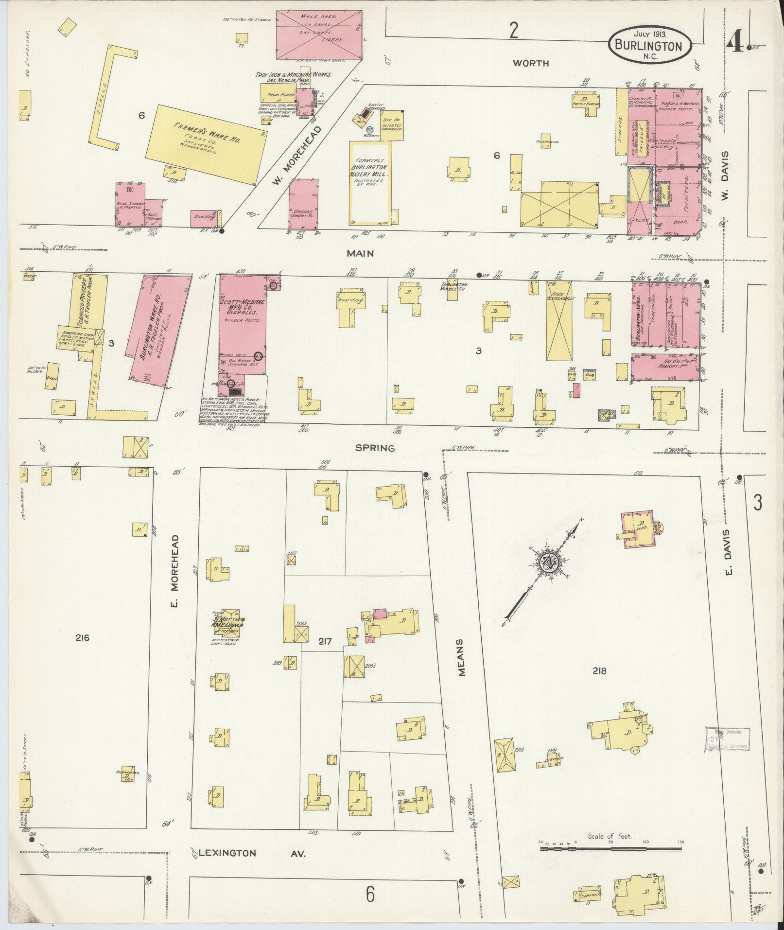 Sanborn Fire Insurance Map from Burlington, Alamance County, North Carolina (1913), Sheet #0004 - Historic Sanborn Fire Insurance Map Print, vintage old map wall art, antique decor, genealogy gift, North Carolina North Carolina map