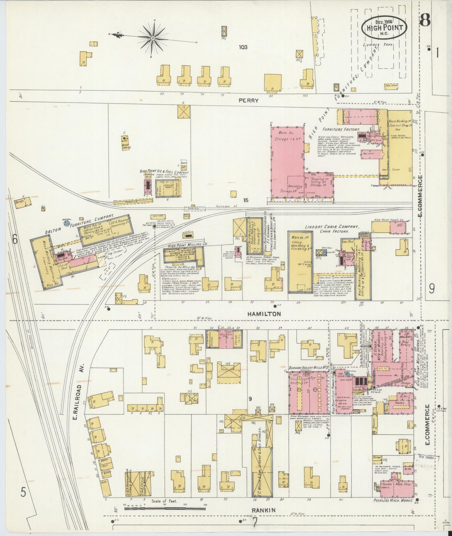 Sanborn Fire Insurance Map from High Point, Guilford County, North Carolina (1906), Sheet #0008 - Complete Map Set gallery image, historic Sanborn map, vintage wall art, North Carolina North Carolina