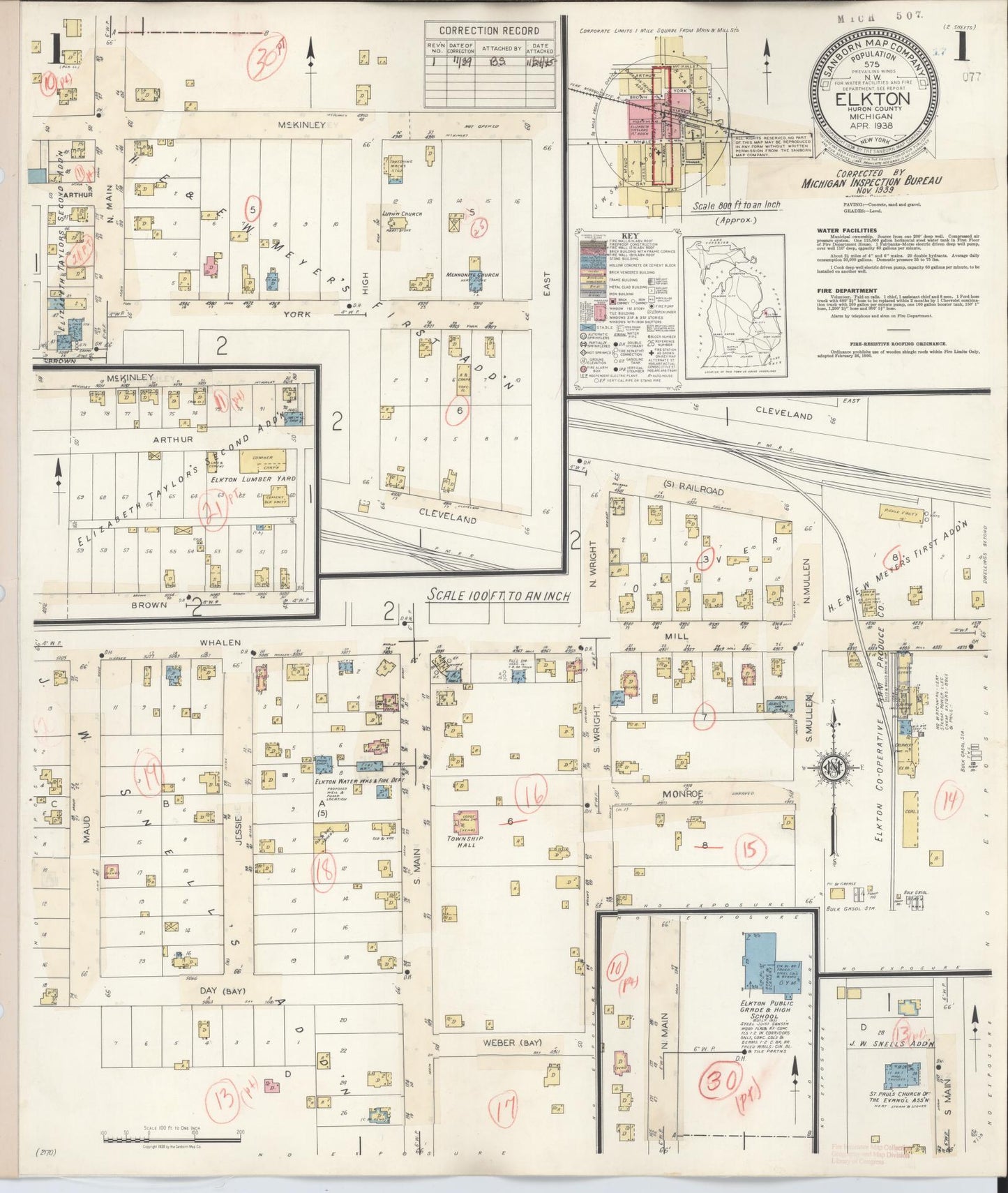 Sanborn Fire Insurance Map from Elkton, Huron County, Michigan (1939), Sheet #0001 - Historic Sanborn Fire Insurance Map Print, vintage old map wall art, antique decor, genealogy gift, Michigan Michigan map