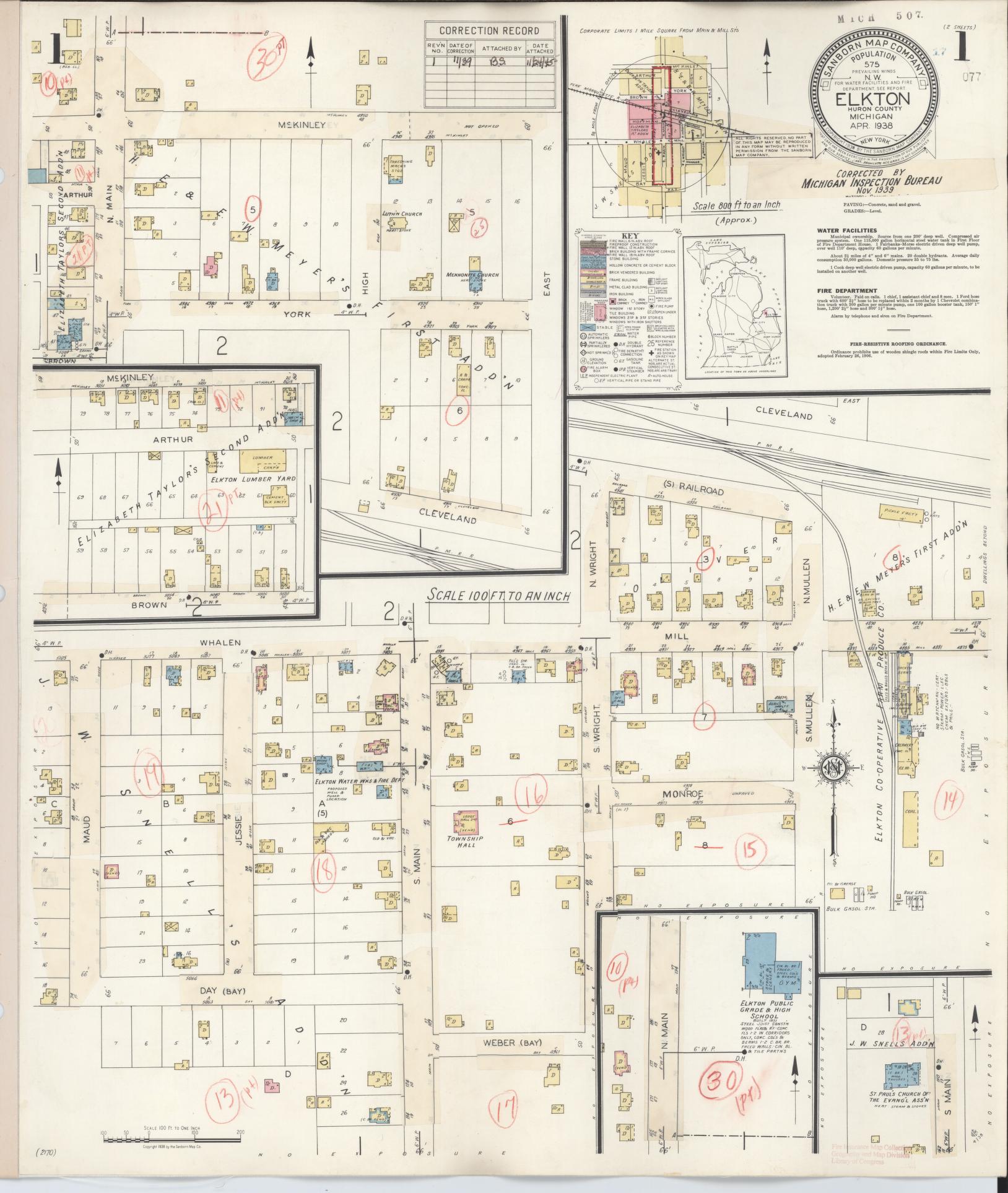 Sanborn Fire Insurance Map from Elkton, Huron County, Michigan (1939), Sheet #0001 - Historic Sanborn Fire Insurance Map Print, vintage old map wall art, antique decor, genealogy gift, Michigan Michigan map