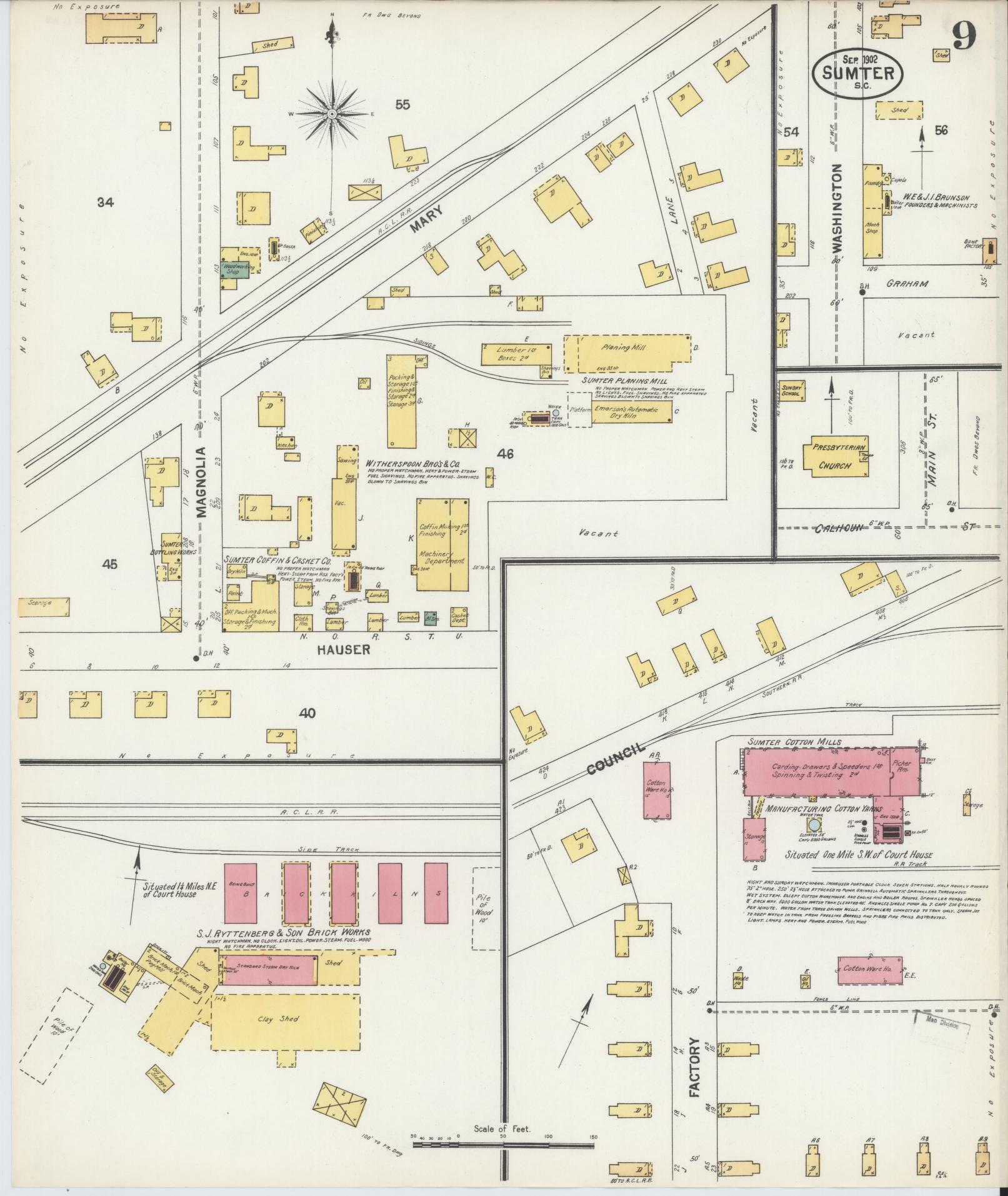 Sanborn Fire Insurance Map from Sumter, Sumter County, South Carolina (1902), Sheet #0009 - Historic Sanborn Fire Insurance Map Print, vintage old map wall art, antique decor, genealogy gift, South Carolina South Carolina map