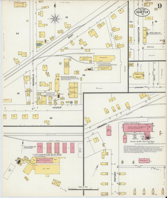 Sanborn Fire Insurance Map from Sumter, Sumter County, South Carolina (1902), Sheet #0009 - Historic Sanborn Fire Insurance Map Print, vintage old map wall art, antique decor, genealogy gift, South Carolina South Carolina map
