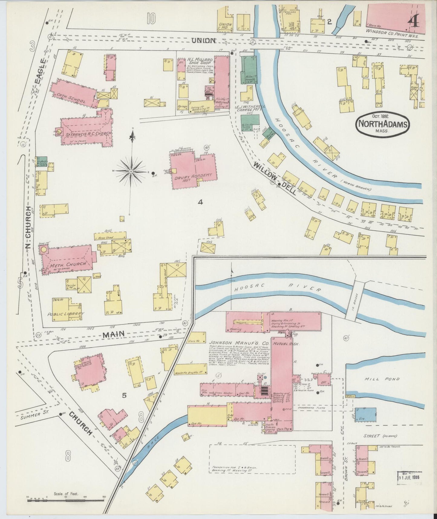 Sanborn Fire Insurance Map from North Adams, Berkshire County, Massachusetts (1892), Sheet #0004 - Historic Sanborn Fire Insurance Map Print, vintage old map wall art, antique decor, genealogy gift, Massachusetts Massachusetts map