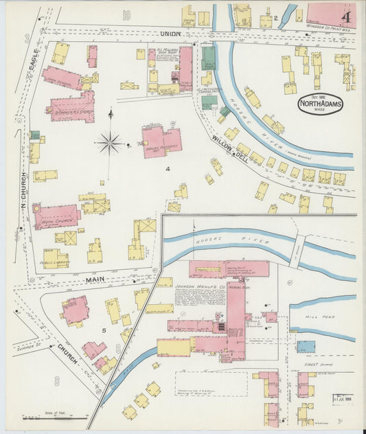 Sanborn Fire Insurance Map from North Adams, Berkshire County, Massachusetts (1892), Sheet #0004 - Historic Sanborn Fire Insurance Map Print, vintage old map wall art, antique decor, genealogy gift, Massachusetts Massachusetts map