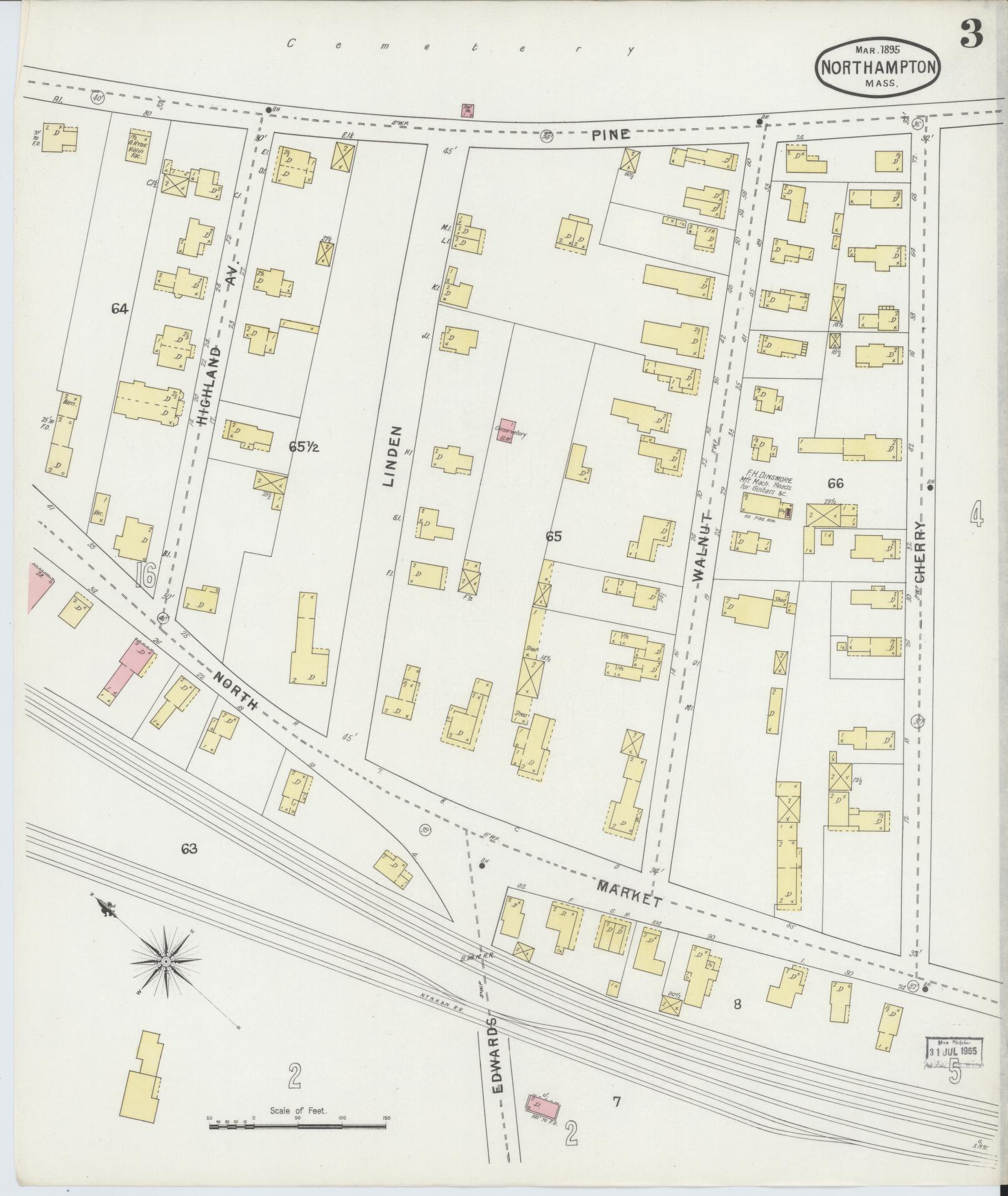 Sanborn Fire Insurance Map from Northampton, Hampshire County, Massachusetts (1895), Sheet #0003 - Complete Map Set gallery image, historic Sanborn map, vintage wall art, Massachusetts Massachusetts