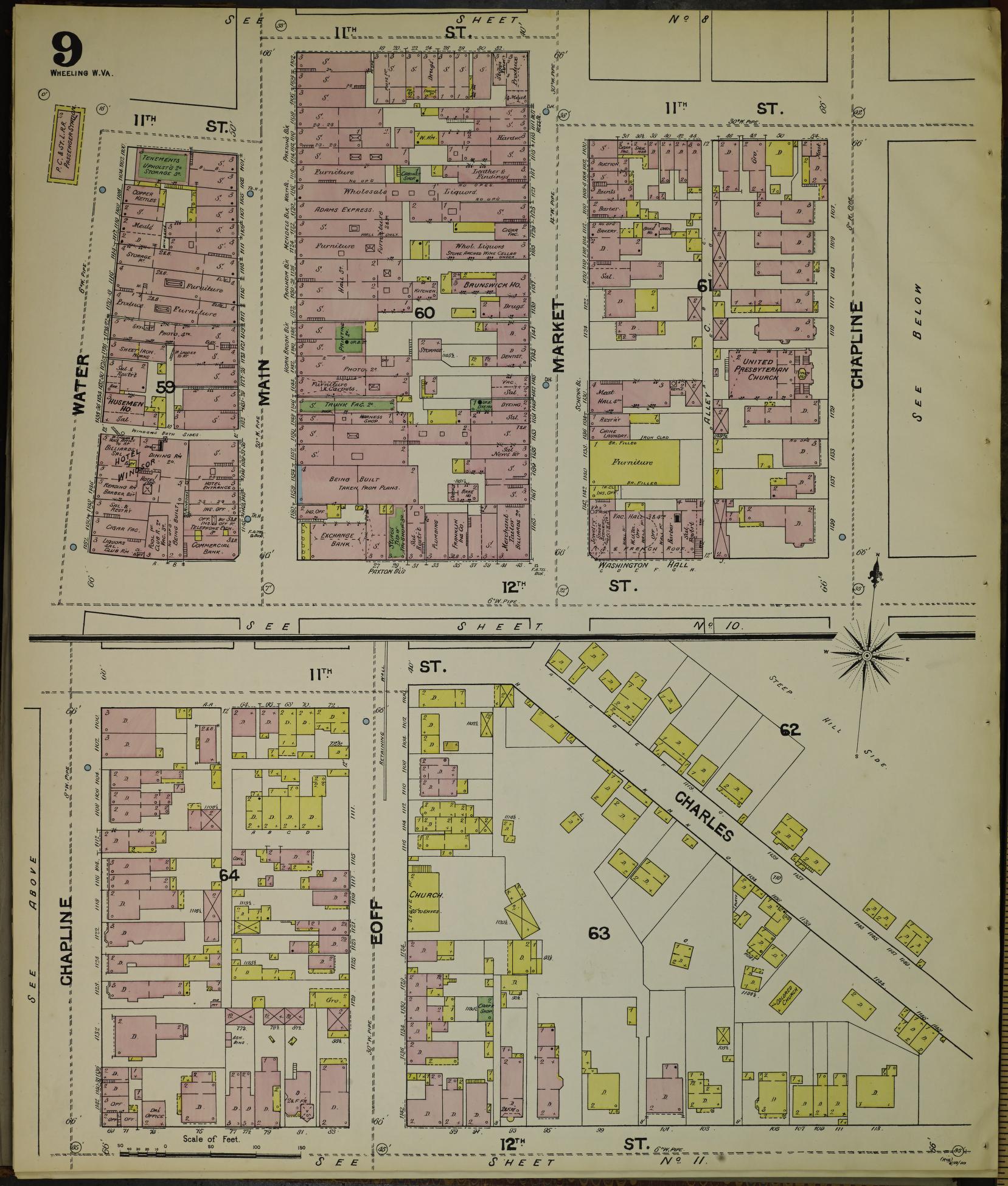Sanborn Fire Insurance Map from Wheeling, Ohio County, West Virginia (1890), Sheet #0009 - Historic Sanborn Fire Insurance Map Print, vintage old map wall art, antique decor, genealogy gift, West Virginia West Virginia map