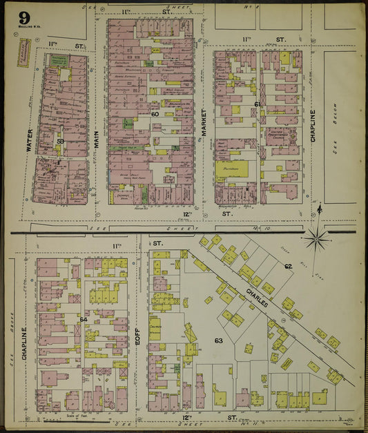 Sanborn Fire Insurance Map from Wheeling, Ohio County, West Virginia (1890), Sheet #0009 - Historic Sanborn Fire Insurance Map Print, vintage old map wall art, antique decor, genealogy gift, West Virginia West Virginia map
