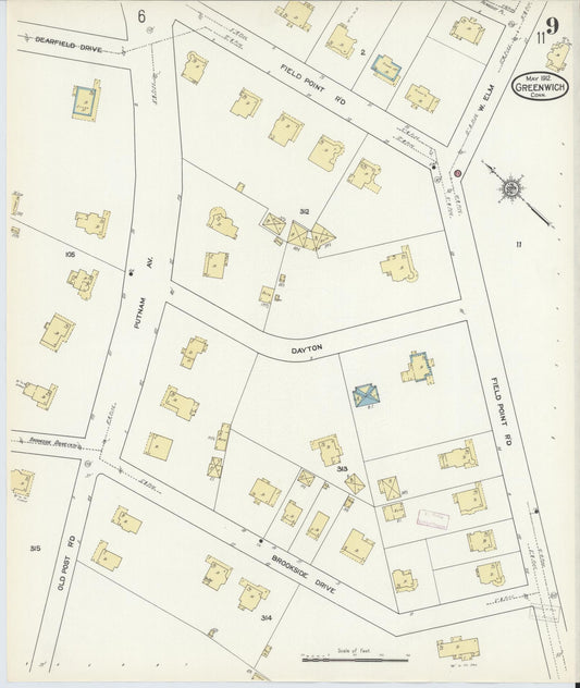 Sanborn Fire Insurance Map from Greenwich, Fairfield County, Connecticut (1912), Sheet #0009 - Historic Sanborn Fire Insurance Map Print, vintage old map wall art, antique decor, genealogy gift, Connecticut Connecticut map