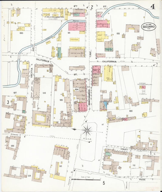 Sanborn Fire Insurance Map from Socorro, Socorro County, New Mexico (1902), Sheet #0004 - Historic Sanborn Fire Insurance Map Print, vintage old map wall art, antique decor, genealogy gift, New Mexico New Mexico map