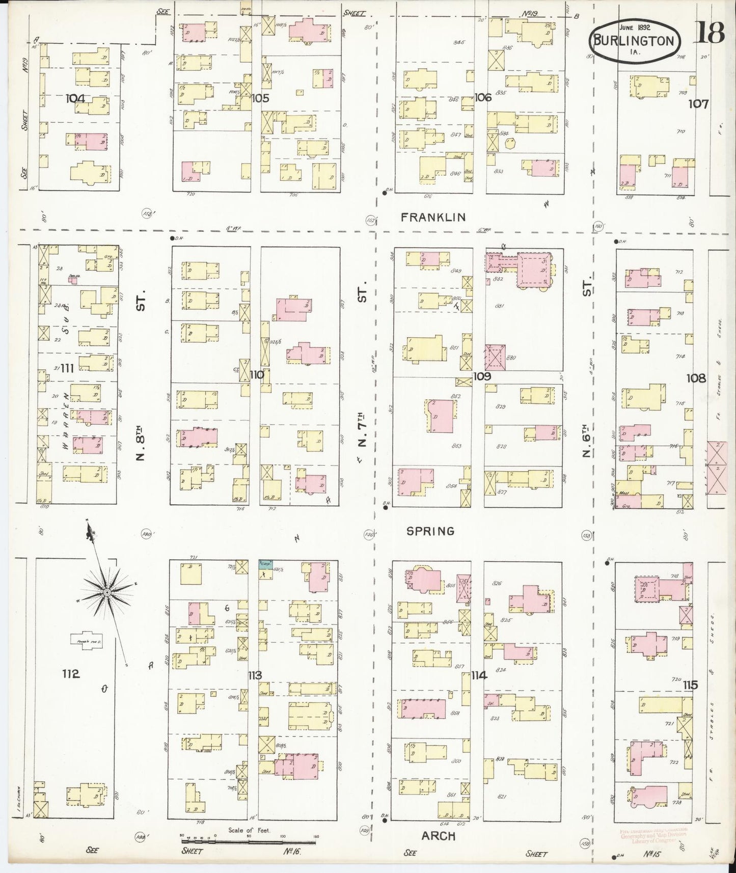 Sanborn Fire Insurance Map from Burlington, Des Moines County, Iowa (1892), Sheet #0018 - Historic Sanborn Fire Insurance Map Print, vintage old map wall art