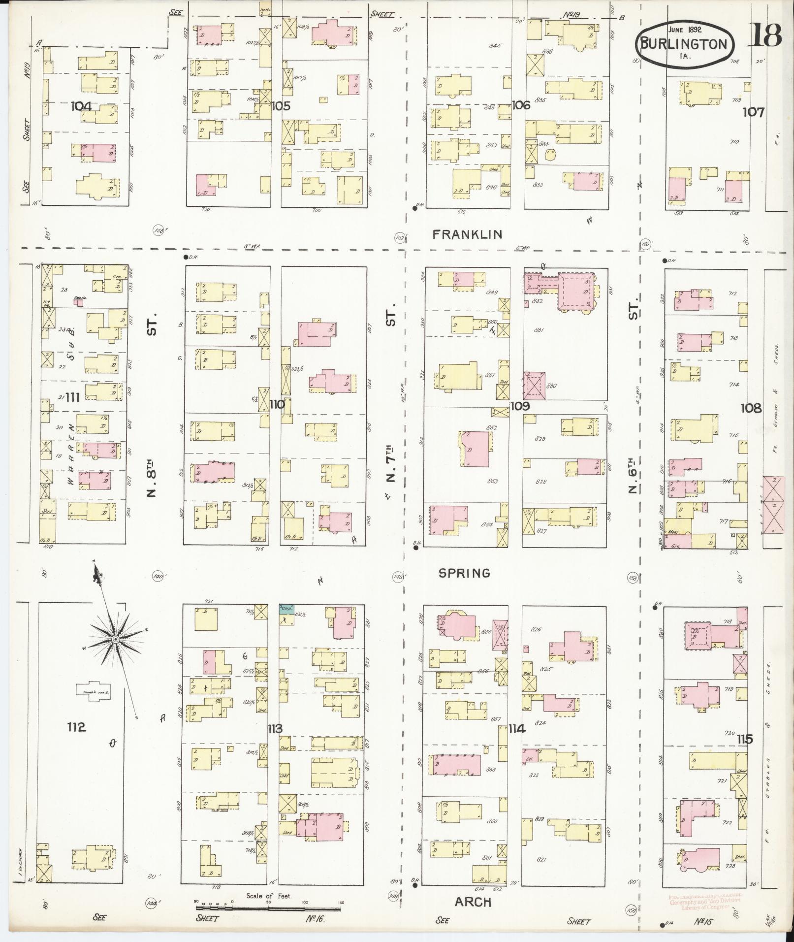 Sanborn Fire Insurance Map from Burlington, Des Moines County, Iowa (1892), Sheet #0018 - Historic Sanborn Fire Insurance Map Print, vintage old map wall art