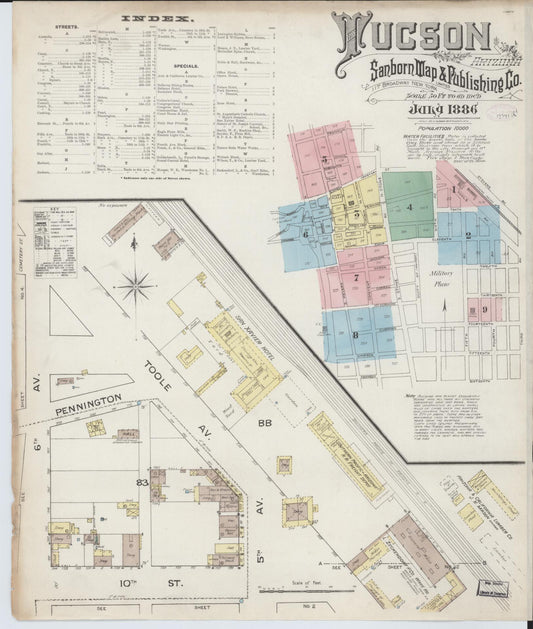 Sanborn Fire Insurance Map from Tucson, Pima County, Arizona (1886), Sheet #0001 - Historic Sanborn Fire Insurance Map Print, vintage old map wall art, antique decor, genealogy gift, Arizona Arizona map
