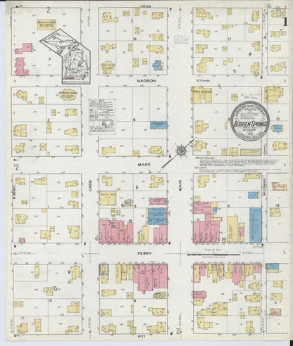 Sanborn Fire Insurance Map from Berrien Springs, Berrien County, Michigan (1918), Sheet #0001 - Complete Map Set gallery image, historic Sanborn map, vintage wall art, Michigan Michigan