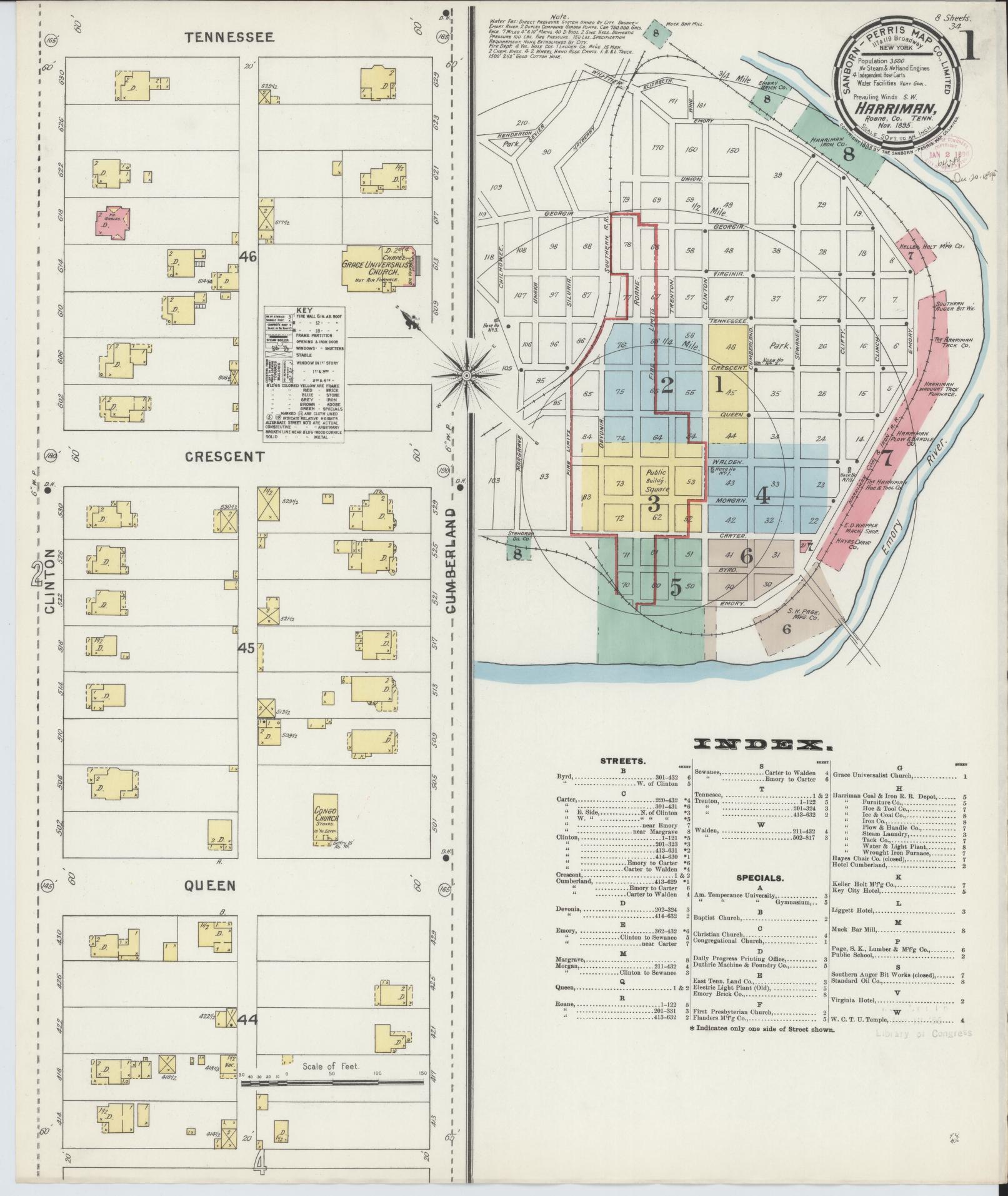 Sanborn Fire Insurance Map from Harriman, Roane County, Tennessee (1895), Sheet #0001 - Historic Sanborn Fire Insurance Map Print, vintage old map wall art, antique decor, genealogy gift, Tennessee Tennessee map