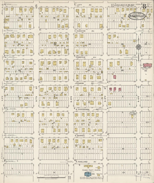 Sanborn Fire Insurance Map from Kingsville, Kleberg County, Texas (1922), Sheet #0008 - Historic Sanborn Fire Insurance Map Print, vintage old map wall art, antique decor, genealogy gift, Texas Texas map