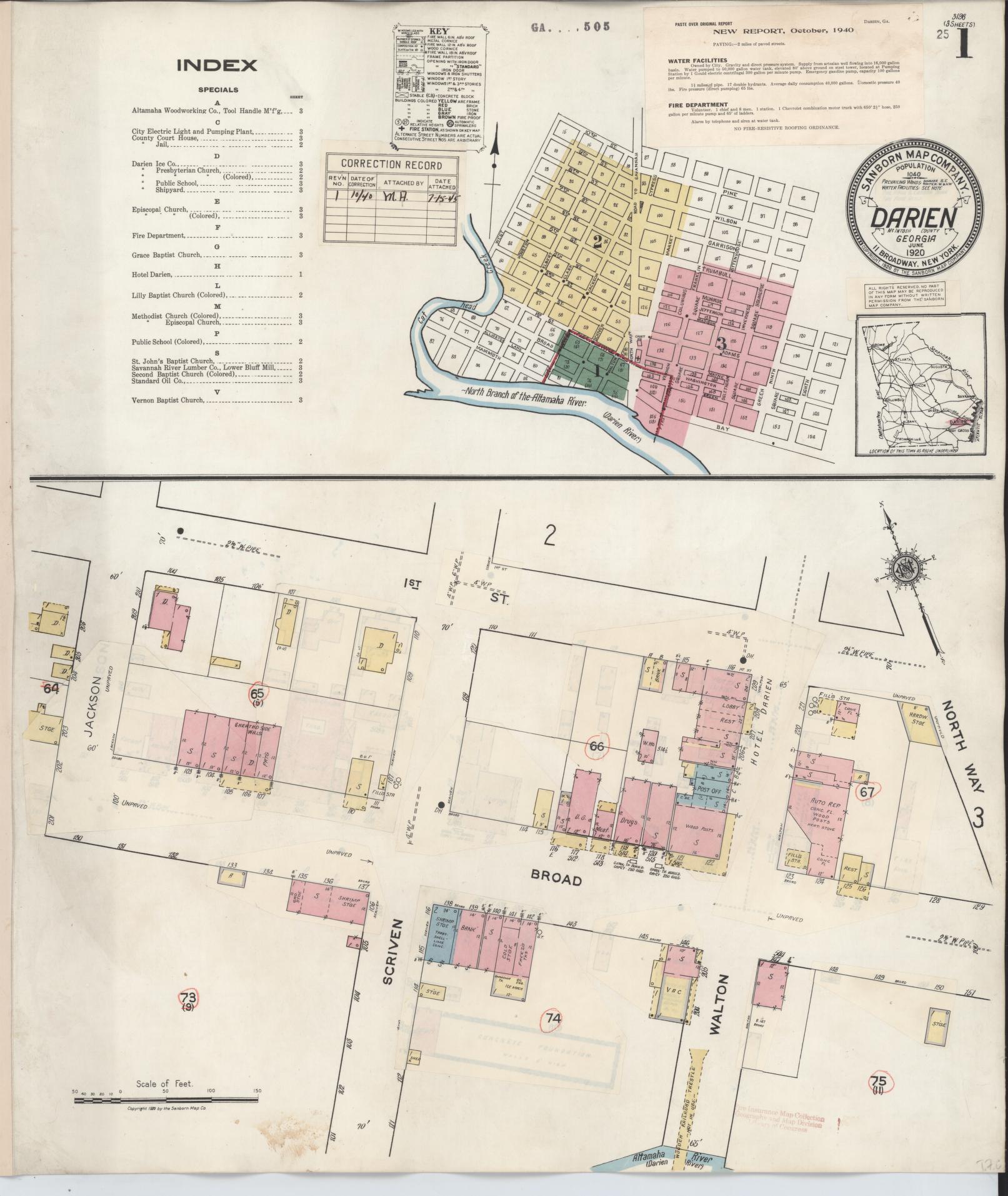 Sanborn Fire Insurance Map from Darien, McIntosh County, Georgia (1940), Sheet #0001 - Historic Sanborn Fire Insurance Map Print, vintage old map wall art, antique decor, genealogy gift, Georgia Georgia map