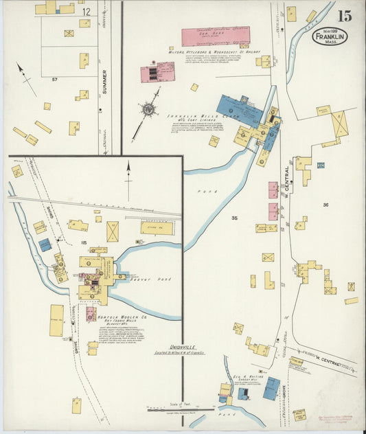 Sanborn Fire Insurance Map from Franklin, Norfolk County, Massachusetts (1919), Sheet #0015 - Historic Sanborn Fire Insurance Map Print, vintage old map wall art, antique decor, genealogy gift, Massachusetts Massachusetts map