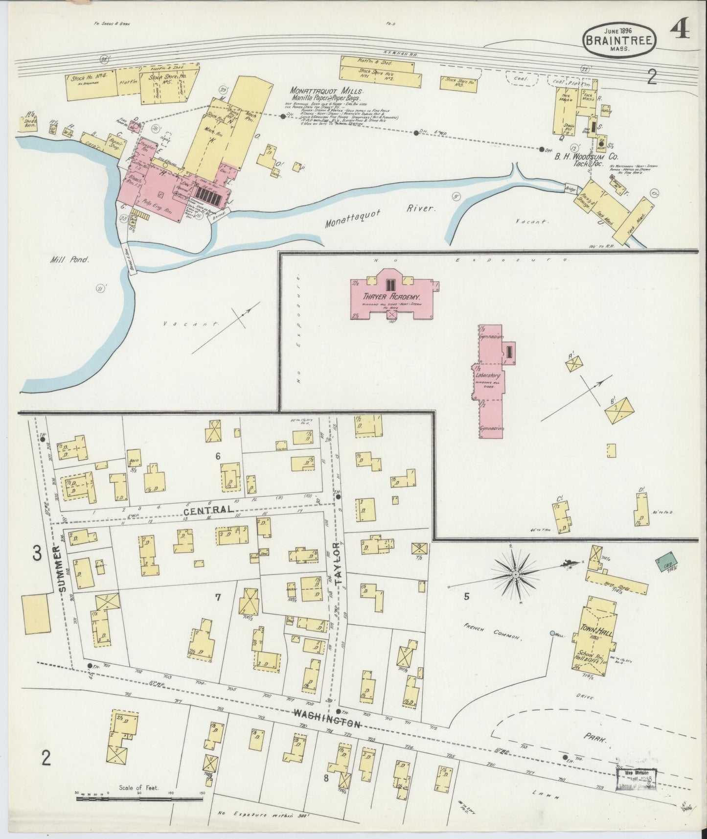 Sanborn Fire Insurance Map from Braintree, Norfolk County, Massachusetts (1896), Sheet #0004 - Complete Map Set gallery image, historic Sanborn map, vintage wall art, Massachusetts Massachusetts