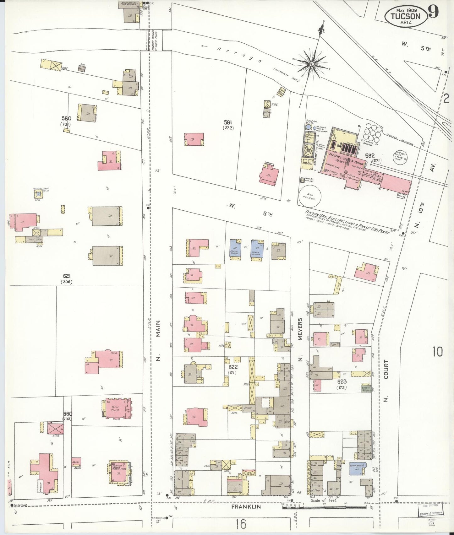 Sanborn Fire Insurance Map from Tucson, Pima County, Arizona (1909), Sheet #0009 - Complete Map Set gallery image, historic Sanborn map, vintage wall art, Arizona Arizona