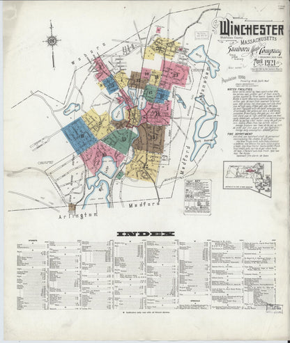 Sanborn Fire Insurance Map from Winchester, Middlesex County, Massachusetts (1921), Sheet #0001 - Historic Sanborn Fire Insurance Map Print, vintage old map wall art, antique decor, genealogy gift, Massachusetts Massachusetts map