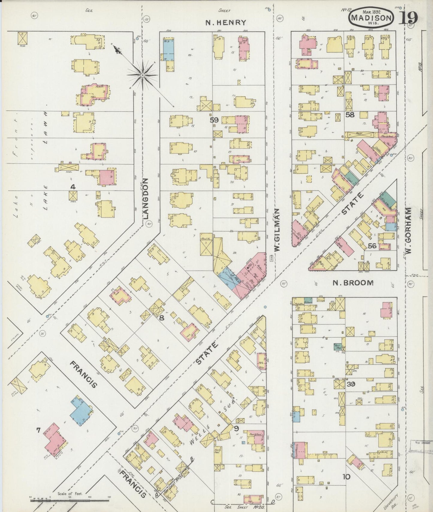 Sanborn Fire Insurance Map from Madison, Dane County, Wisconsin (1892), Sheet #0019 - Historic Sanborn Fire Insurance Map Print, vintage old map wall art, antique decor, genealogy gift, Wisconsin Wisconsin map