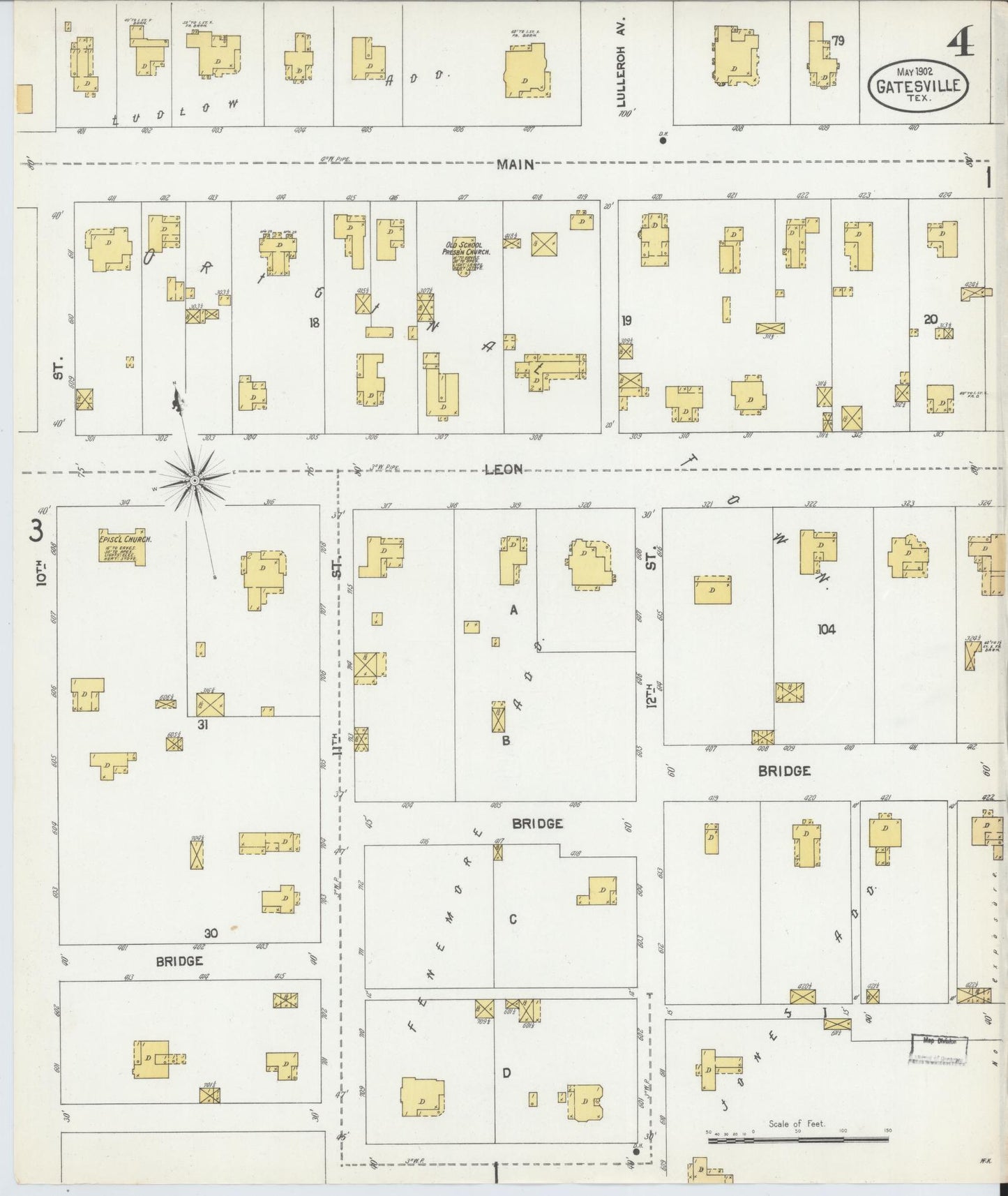 Sanborn Fire Insurance Map from Gatesville, Coryell County, Texas (1902), Sheet #0004 - Historic Sanborn Fire Insurance Map Print, vintage old map wall art, antique decor, genealogy gift, Texas Texas map