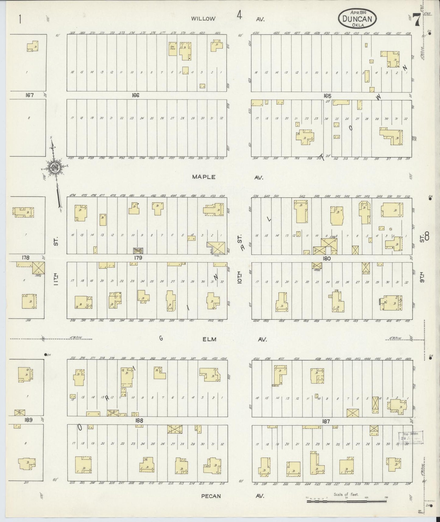 Sanborn Fire Insurance Map from Duncan, Stephens County, Oklahoma (1914), Sheet #0007 - Complete Map Set gallery image, historic Sanborn map, vintage wall art, Oklahoma Oklahoma