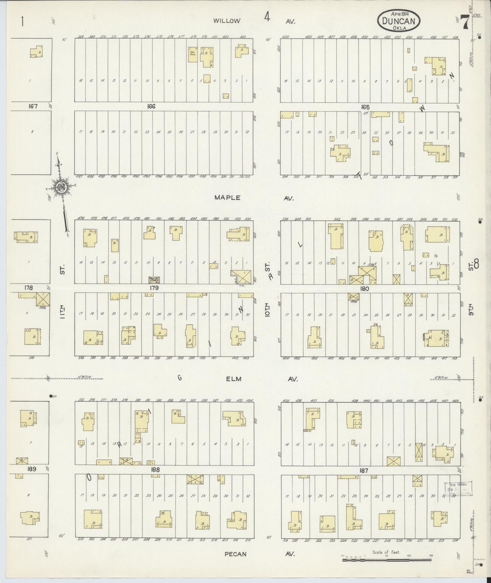 Sanborn Fire Insurance Map from Duncan, Stephens County, Oklahoma (1914), Sheet #0007 - Complete Map Set gallery image, historic Sanborn map, vintage wall art, Oklahoma Oklahoma