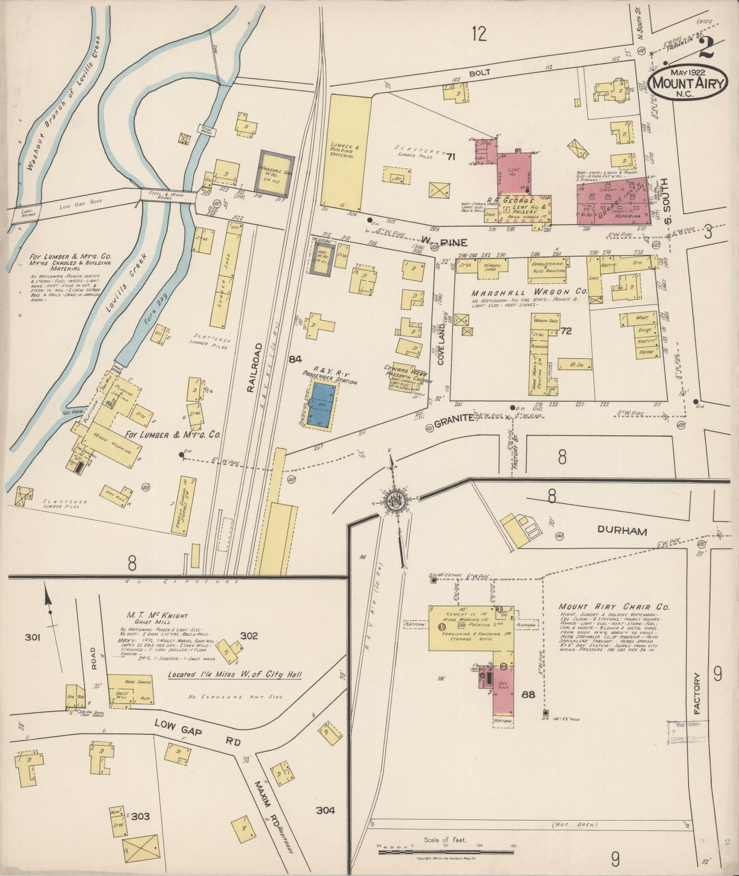 Sanborn Fire Insurance Map from Mount Airy, Surry County, North Carolina (1922), Sheet #0002 - Historic Sanborn Fire Insurance Map Print, vintage old map wall art, antique decor, genealogy gift, North Carolina North Carolina map