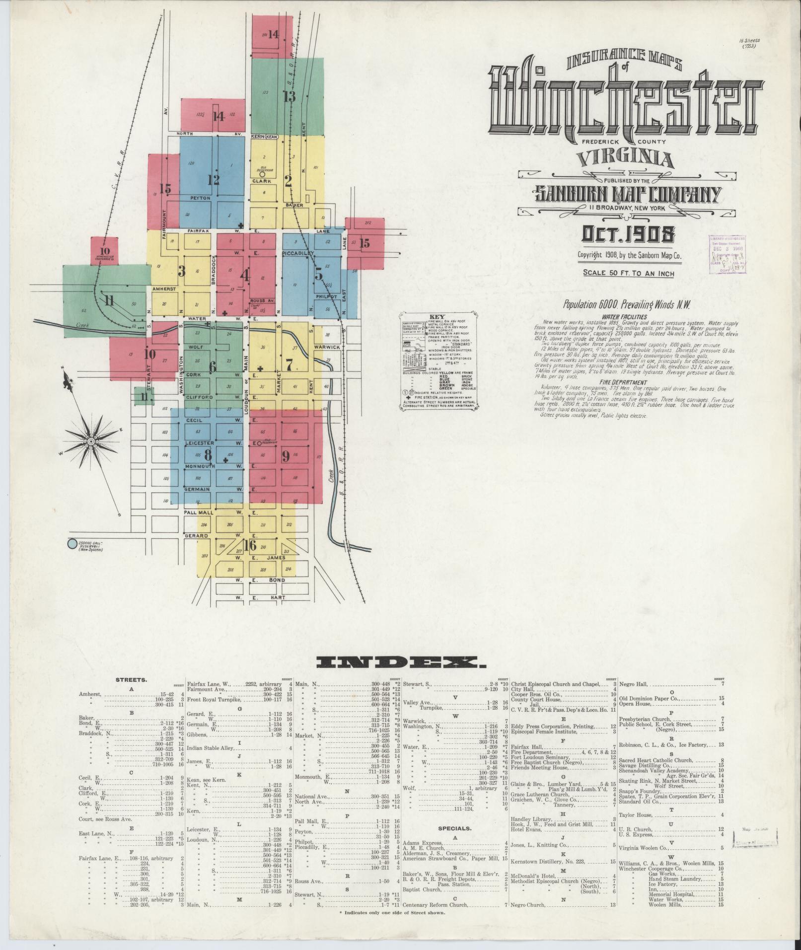 Sanborn Fire Insurance Map from Winchester, Independent Cities, Virginia (1908), Sheet #0001 - Complete Map Set gallery image, historic Sanborn map, vintage wall art, Virginia Virginia