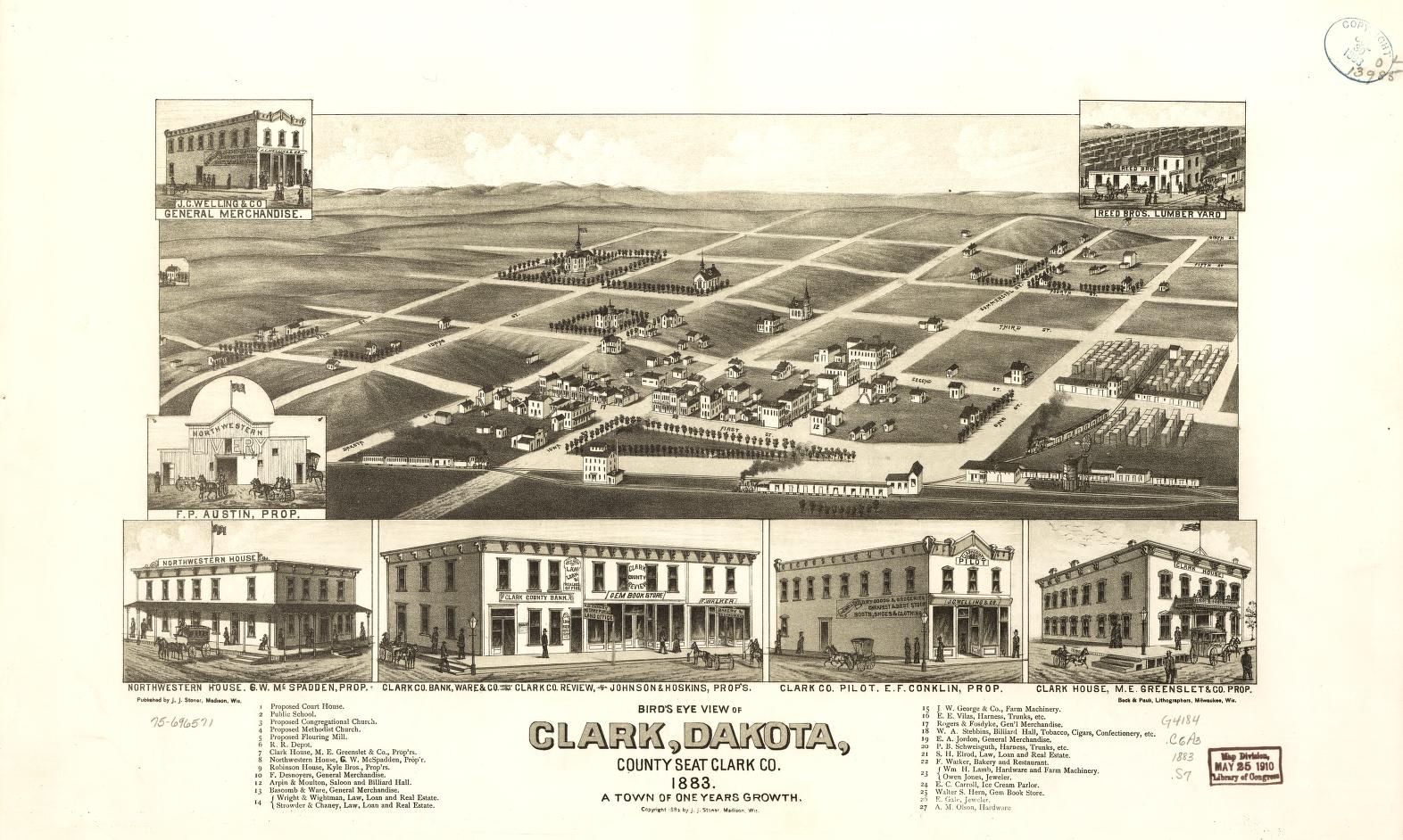 Bird's eye view of Clark, Dakota, county seat Clark Co. 1883. (1883) – Historic Bird’s-Eye View Panorama Print