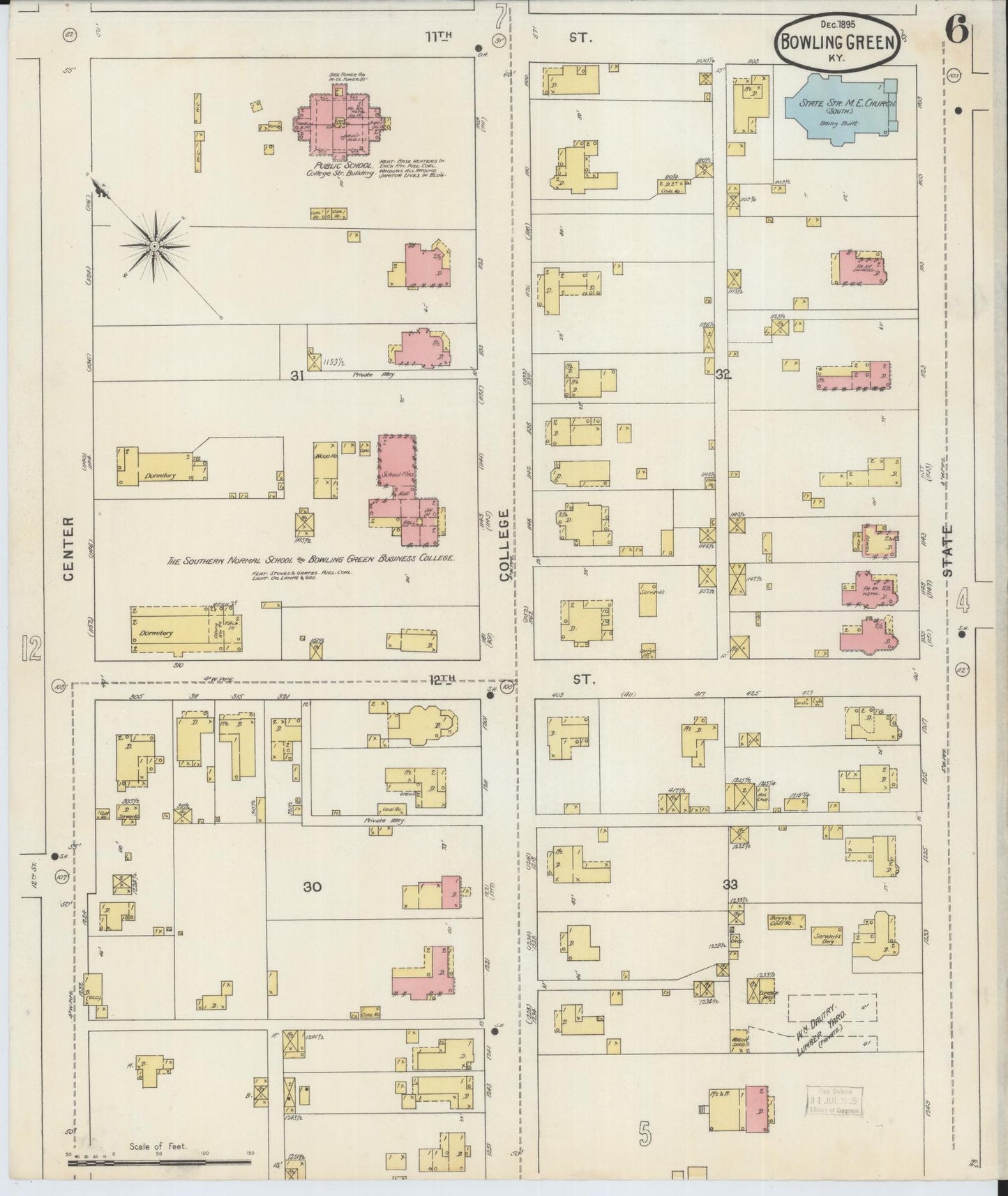 Sanborn Fire Insurance Map from Bowling Green, Warren County, Kentucky (1895), Sheet #0006 - Historic Sanborn Fire Insurance Map Print, vintage old map wall art, antique decor, genealogy gift, Kentucky Kentucky map