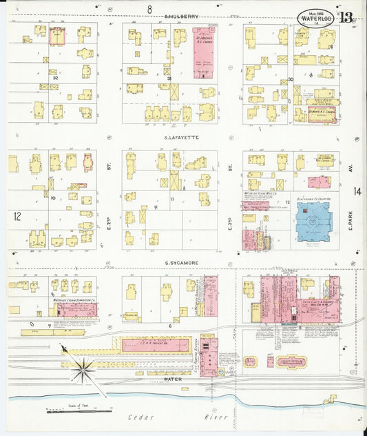Sanborn Fire Insurance Map from Waterloo, Black Hawk County, Iowa (1906), Sheet #0013 - Historic Sanborn Fire Insurance Map Print, vintage old map wall art