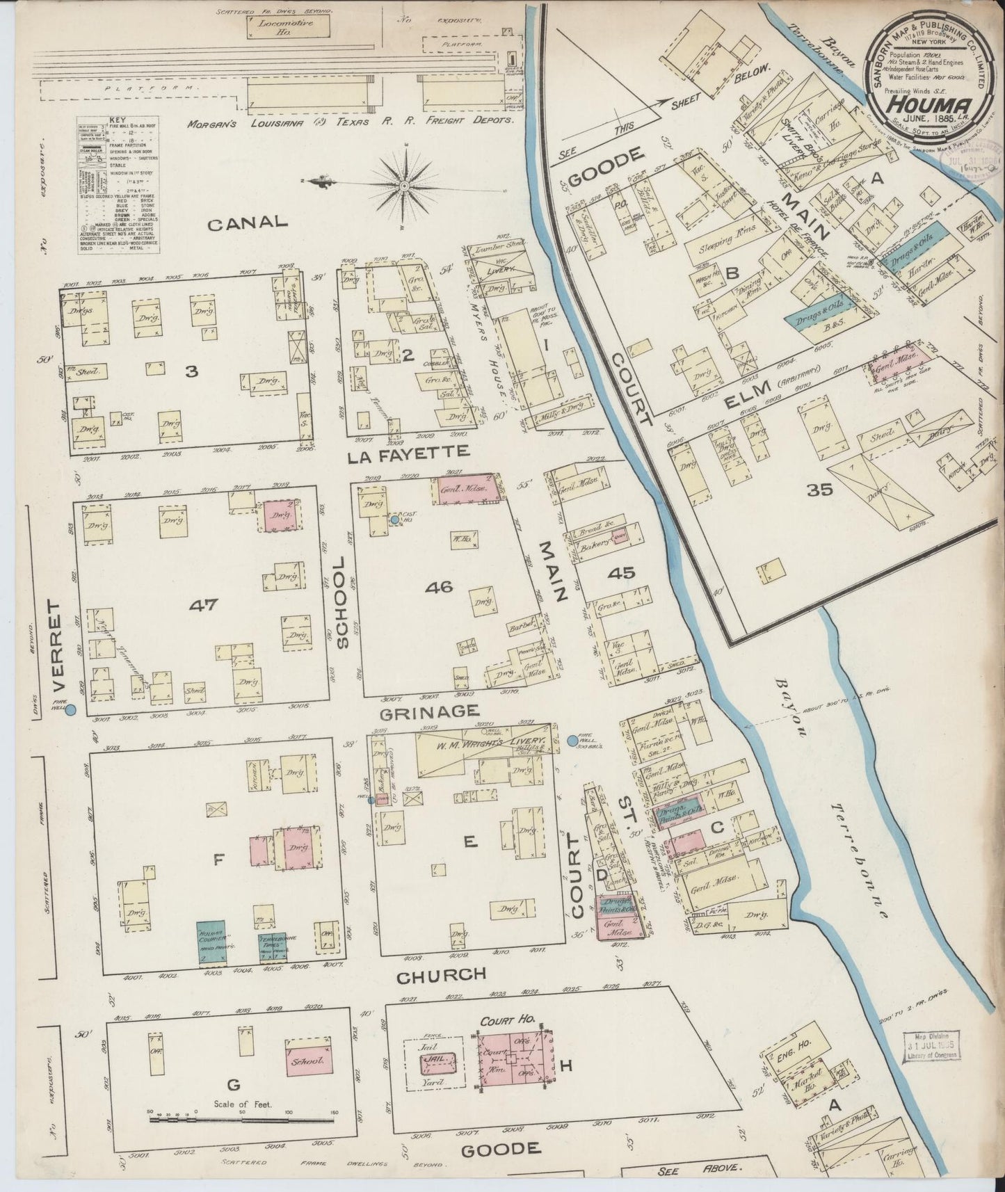Sanborn Fire Insurance Map from Houma, Terrebonne Parish, Louisiana (1885), Sheet #0001 - Historic Sanborn Fire Insurance Map Print, vintage old map wall art, antique decor, genealogy gift, Louisiana Louisiana map