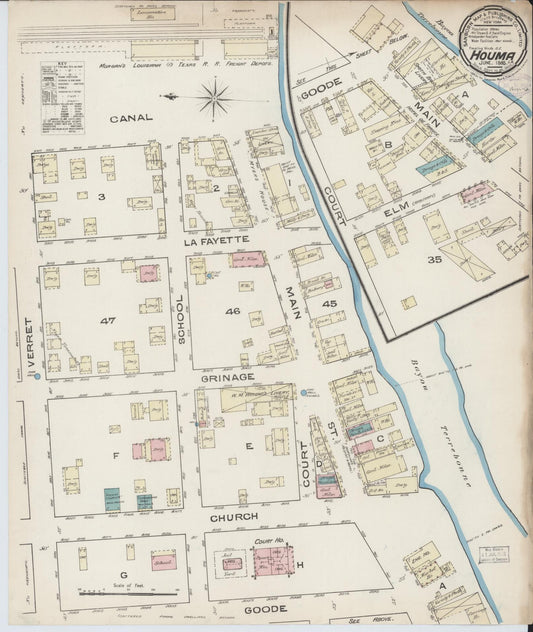 Sanborn Fire Insurance Map from Houma, Terrebonne Parish, Louisiana (1885), Sheet #0001 - Historic Sanborn Fire Insurance Map Print, vintage old map wall art, antique decor, genealogy gift, Louisiana Louisiana map