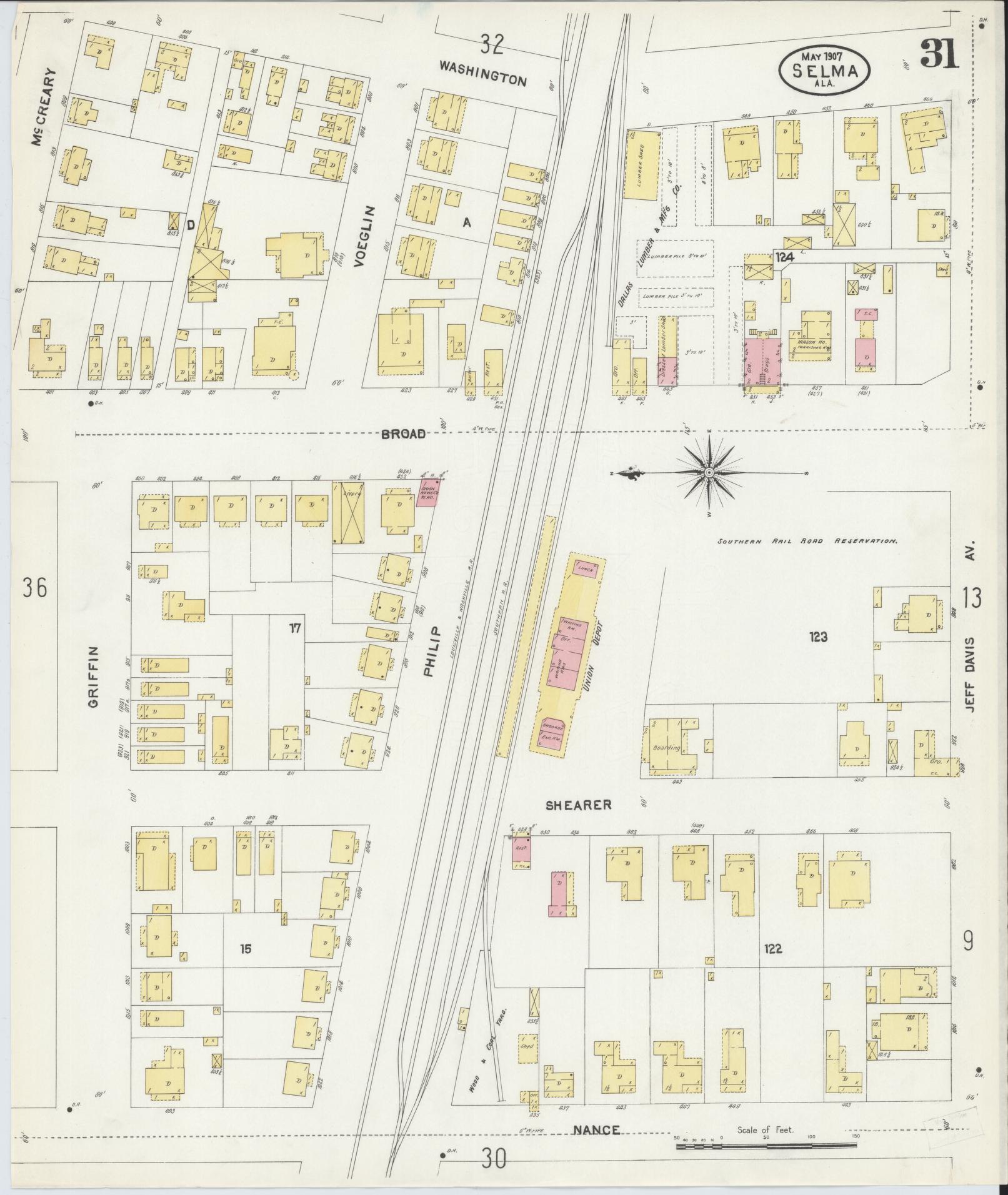 Sanborn Fire Insurance Map from Selma, Dallas County, Alabama (1907), Sheet #0031 - Historic Sanborn Fire Insurance Map Print, vintage old map wall art, antique decor, genealogy gift, Alabama Alabama map