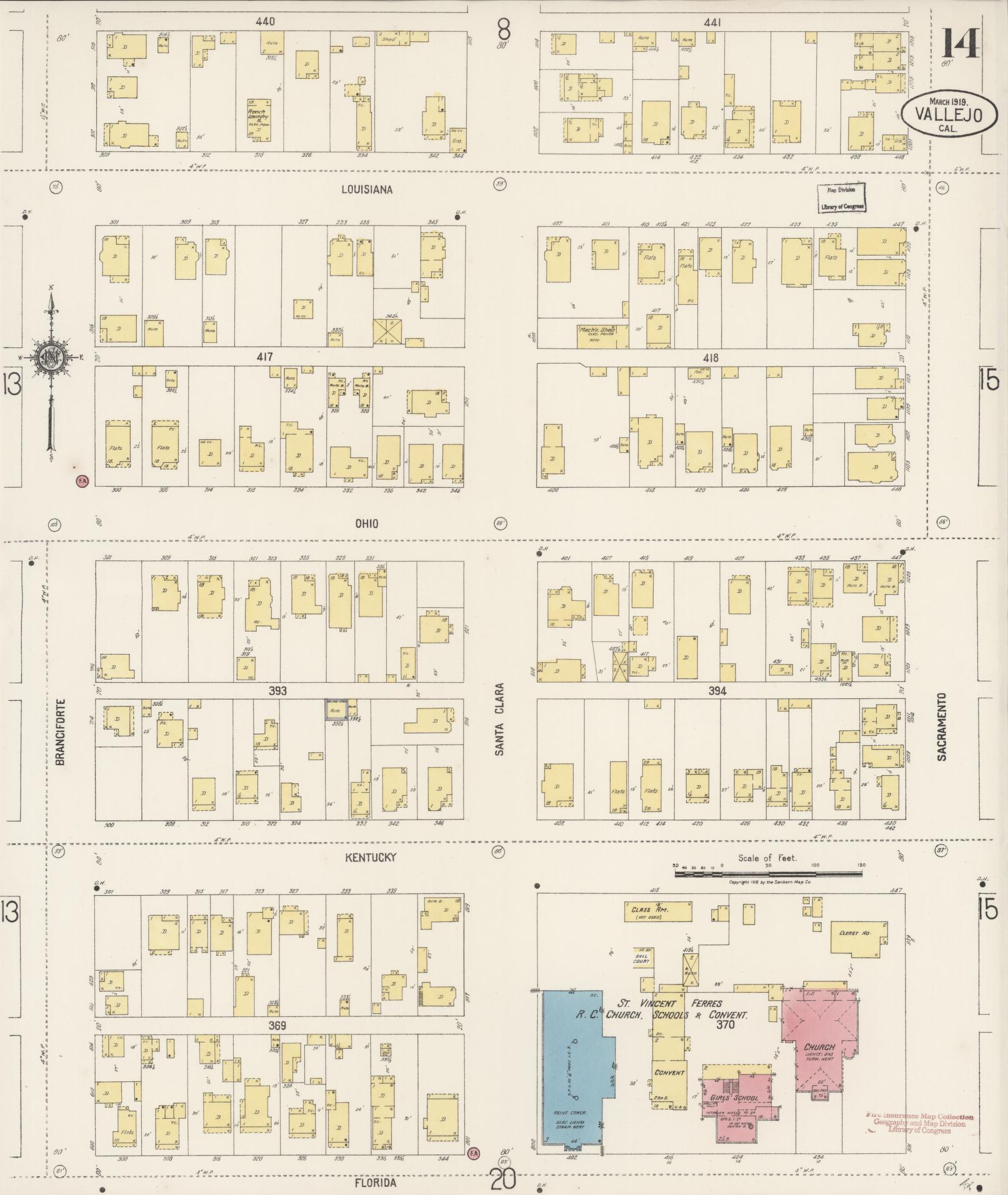 Sanborn Fire Insurance Map from Vallejo, Solano County, California (1919), Sheet #0014 - Complete Map Set gallery image, historic Sanborn map, vintage wall art, California California