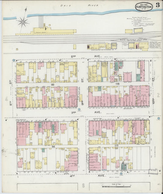 Sanborn Fire Insurance Map from Huntington, Cabell County, West Virginia (1893), Sheet #0003 - Historic Sanborn Fire Insurance Map Print, vintage old map wall art, antique decor, genealogy gift, West Virginia West Virginia map