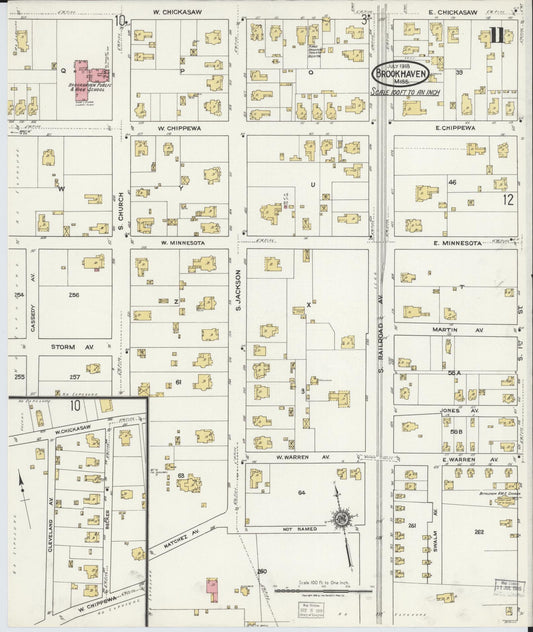 Sanborn Fire Insurance Map from Brookhaven, Lincoln County, Mississippi (1918), Sheet #0011 - Historic Sanborn Fire Insurance Map Print, vintage old map wall art, antique decor, genealogy gift, Mississippi Mississippi map
