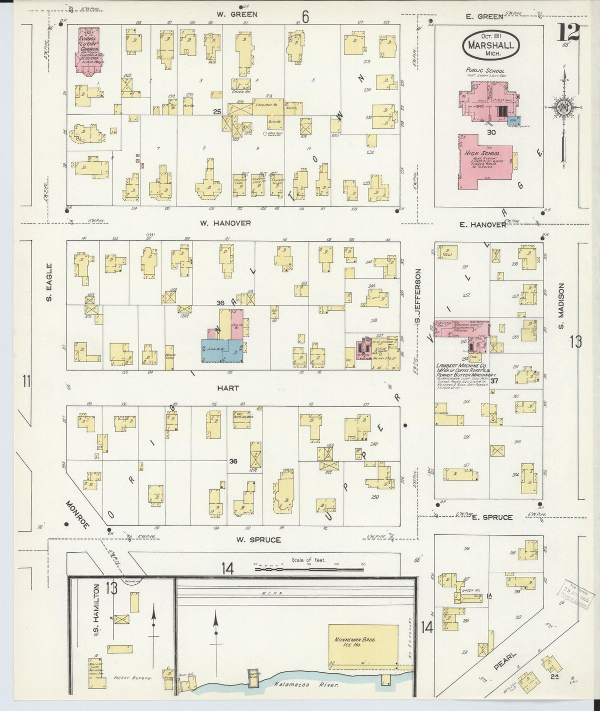 Sanborn Fire Insurance Map from Marshall, Calhoun County, Michigan (1911), Sheet #0012 - Historic Sanborn Fire Insurance Map Print, vintage old map wall art, antique decor, genealogy gift, Michigan Michigan map