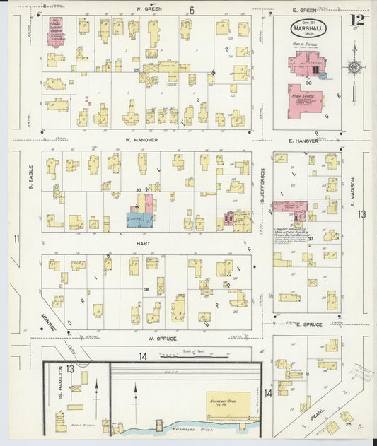 Sanborn Fire Insurance Map from Marshall, Calhoun County, Michigan (1911), Sheet #0012 - Historic Sanborn Fire Insurance Map Print, vintage old map wall art, antique decor, genealogy gift, Michigan Michigan map