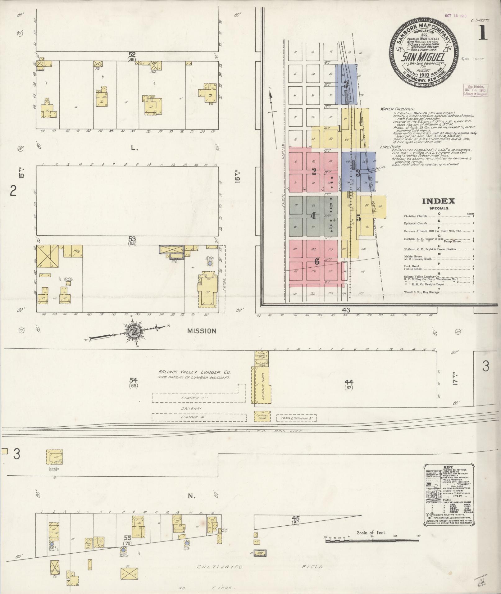 Sanborn Fire Insurance Map from San Miguel, San Luis Obispo County, California (1910), Sheet #0001 - Complete Map Set gallery image, historic Sanborn map, vintage wall art, California California