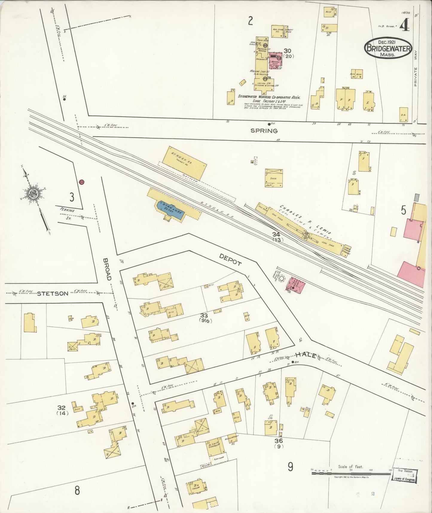 Sanborn Fire Insurance Map from Bridgewater, Plymouth County, Massachusetts (1921), Sheet #0004 - Historic Sanborn Fire Insurance Map Print, vintage old map wall art, antique decor, genealogy gift, Massachusetts Massachusetts map