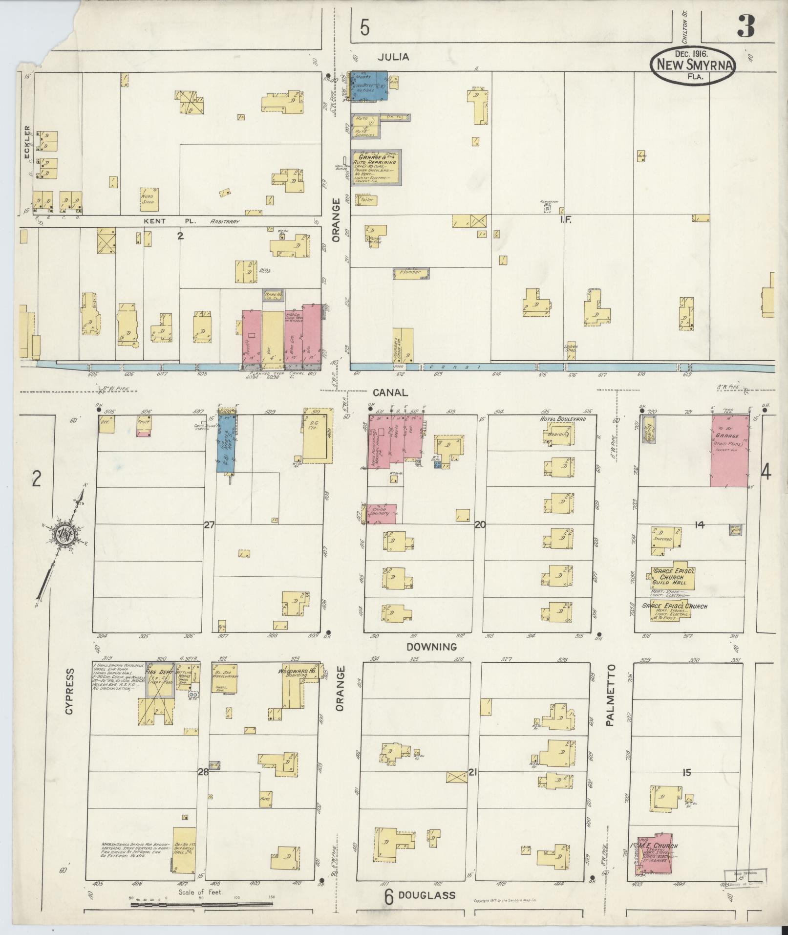 Sanborn Fire Insurance Map from New Smyrna, Valusia County, Florida (1916), Sheet #0003 - Historic Sanborn Fire Insurance Map Print, vintage old map wall art, antique decor, genealogy gift, Florida Florida map