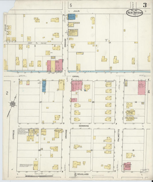 Sanborn Fire Insurance Map from New Smyrna, Valusia County, Florida (1916), Sheet #0003 - Historic Sanborn Fire Insurance Map Print, vintage old map wall art, antique decor, genealogy gift, Florida Florida map