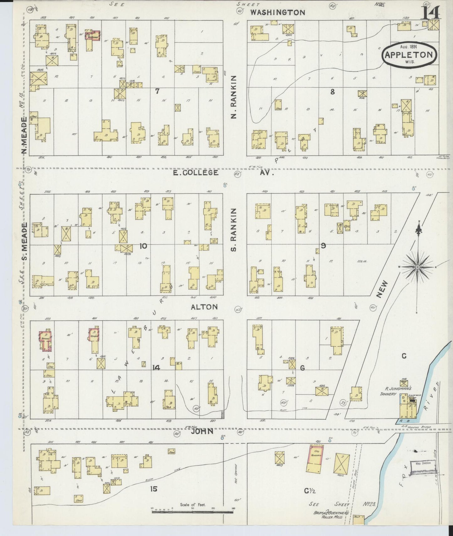 Sanborn Fire Insurance Map from Appleton, Outagamie County, Wisconsin (1891), Sheet #0014 - Historic Sanborn Fire Insurance Map Print, vintage old map wall art, antique decor, genealogy gift, Wisconsin Wisconsin map