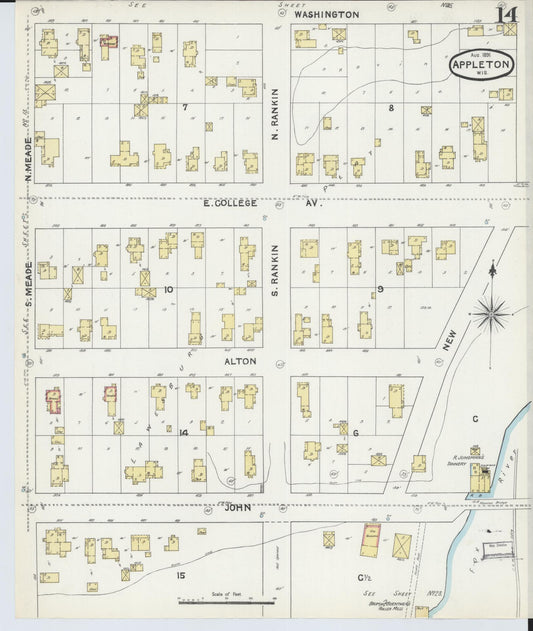 Sanborn Fire Insurance Map from Appleton, Outagamie County, Wisconsin (1891), Sheet #0014 - Historic Sanborn Fire Insurance Map Print, vintage old map wall art, antique decor, genealogy gift, Wisconsin Wisconsin map