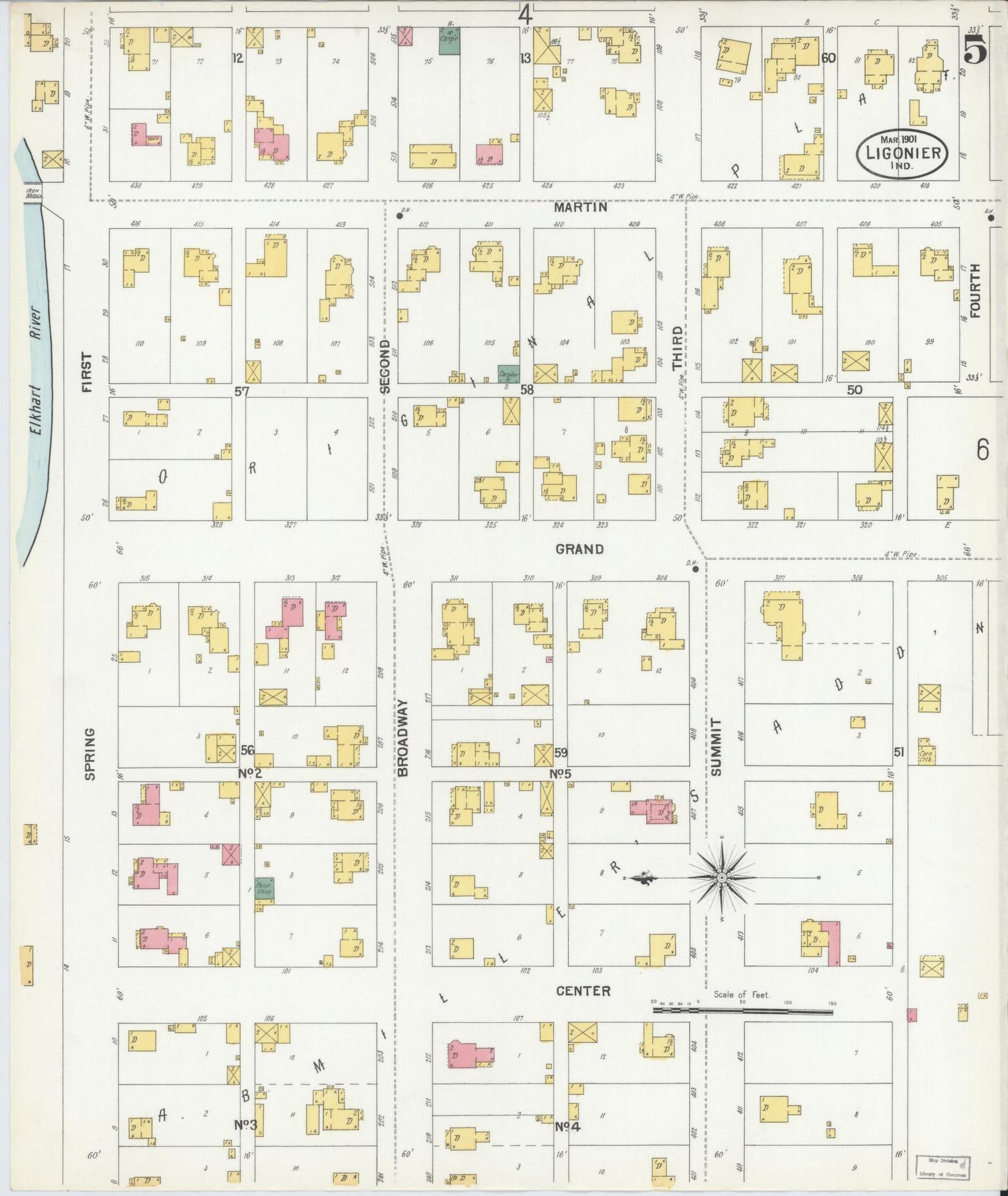 Sanborn Fire Insurance Map from Ligonier, Noble County, Indiana (1901), Sheet #0005 - Complete Map Set gallery image, historic Sanborn map, vintage wall art, Indiana Indiana